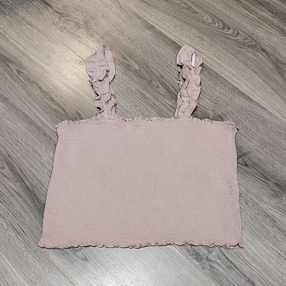 EUC Aerie Taupe Ruffle Rouched Stretch Crop Tank Top - Picture 1 of 5